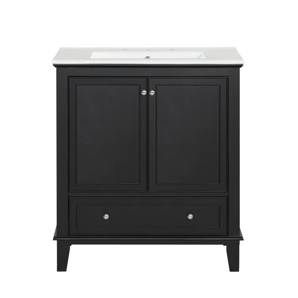 English Elm 30" Solid Wood Bathroom Vanity with Ceramic Sink, Modern Black Freestanding Cabinet, 2 Doors 1 Drawer WF322498AAB