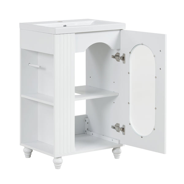 English Elm 20" Bathroom Vanity with Sink Compact Modern Freestanding MDF & Ceramic Undermount Sink Cabinet with Door and Two-Tier Shelf, Toilet Paper Holder, Adjustable Shelf, Sleek Rectangular Design White N725P246925K