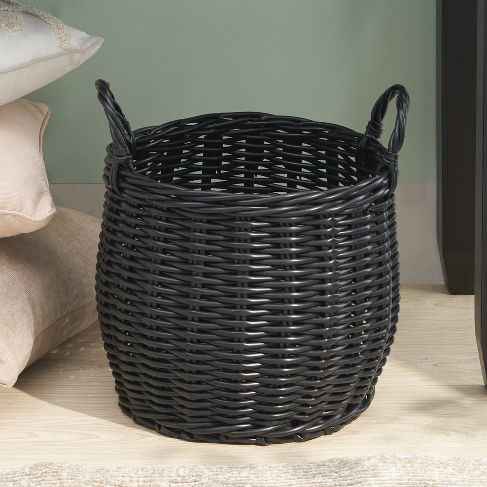 English Elm Lucius Round Resin Woven Wicker Basket with Handles - Black 13"x13"x10.2" Stylish Storage Solution B093P169699