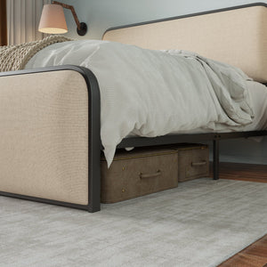 English Elm Modern Metal Bed Frame with Upholstered Curved Headboard, Underbed Storage, Heavy-Duty Slats, Queen Beige 64 L x 21 W x 5.75 H N701P229014B