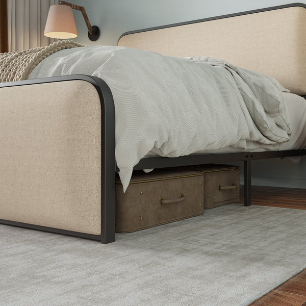 English Elm Modern Metal Bed Frame with Upholstered Curved Headboard, Underbed Storage, Heavy-Duty Slats, Queen Beige 64 L x 21 W x 5.75 H N701P229014B