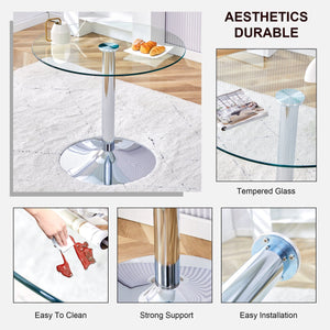 English Elm A Modern 35-Inch Tempered Glass Round Dining Table with Sleek Metal Legs, Minimalist Style for 4-6 }{@ Silver,Transparent W1151P263756