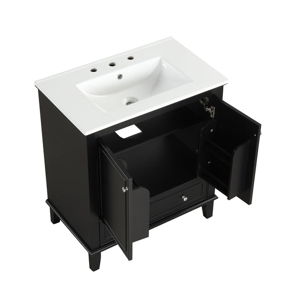 English Elm 30" Solid Wood Bathroom Vanity with Ceramic Sink, Modern Black Freestanding Cabinet, 2 Doors 1 Drawer WF322498AAB