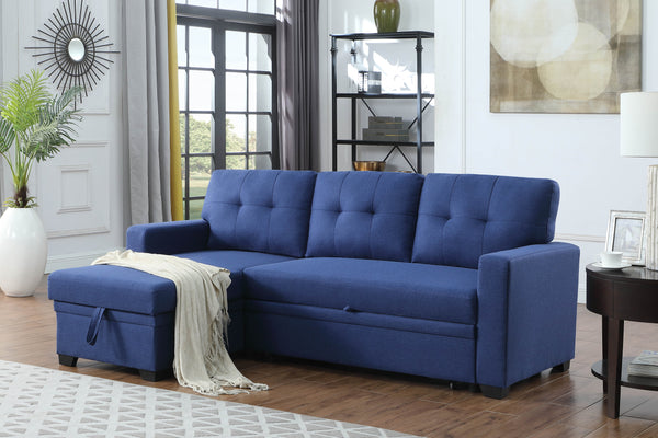 English Elm Upholstered Convertible Pull-Out Sectional Sofa with Chaise and Removable Cushions for Guests Blue B102S00005