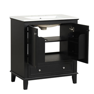 English Elm 30" Solid Wood Bathroom Vanity with Ceramic Sink, Modern Black Freestanding Cabinet, 2 Doors 1 Drawer WF322498AAB
