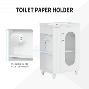 English Elm 20" Bathroom Vanity with Sink Compact Modern Freestanding MDF & Ceramic Undermount Sink Cabinet with Door and Two-Tier Shelf, Toilet Paper Holder, Adjustable Shelf, Sleek Rectangular Design White N725P246925K