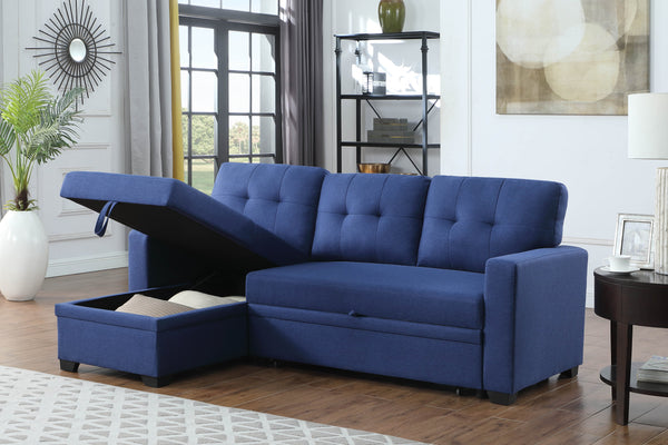 English Elm Upholstered Convertible Pull-Out Sectional Sofa with Chaise and Removable Cushions for Guests Blue B102S00005
