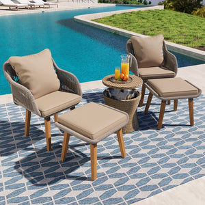 English Elm K&K 5-Piece Outdoor Rope Weave Patio Set with Pop-Up Cool Bar Table, Loveseat, Chairs & Ottomans Brown WF324995AAZ