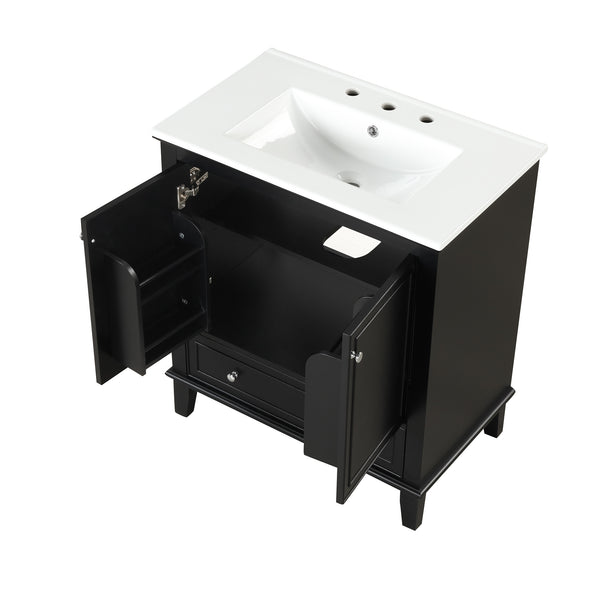 English Elm 30" Solid Wood Bathroom Vanity with Ceramic Sink, Modern Black Freestanding Cabinet, 2 Doors 1 Drawer WF322498AAB