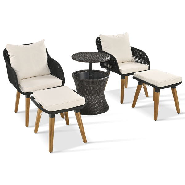 English Elm K&K 5-Piece Outdoor Rope Weave Patio Set with Pop-Up Cool Bar Table, Loveseat, Chairs & Ottomans Beige+Black WF324995AAW
