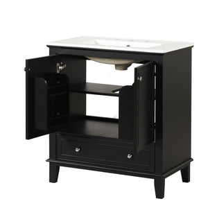 English Elm 30" Solid Wood Bathroom Vanity with Ceramic Sink, Modern Black Freestanding Cabinet, 2 Doors 1 Drawer WF322498AAB