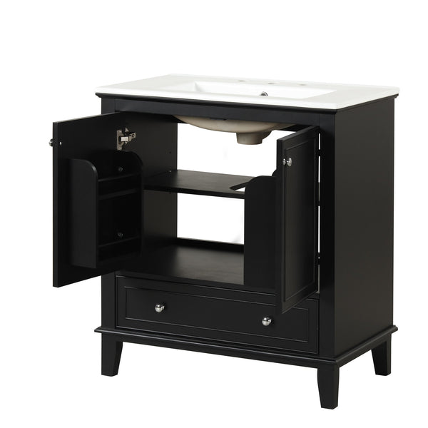 English Elm 30" Solid Wood Bathroom Vanity with Ceramic Sink, Modern Black Freestanding Cabinet, 2 Doors 1 Drawer WF322498AAB