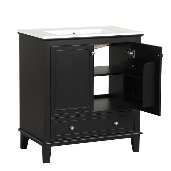 English Elm 30" Solid Wood Bathroom Vanity with Ceramic Sink, Modern Black Freestanding Cabinet, 2 Doors 1 Drawer WF322498AAB