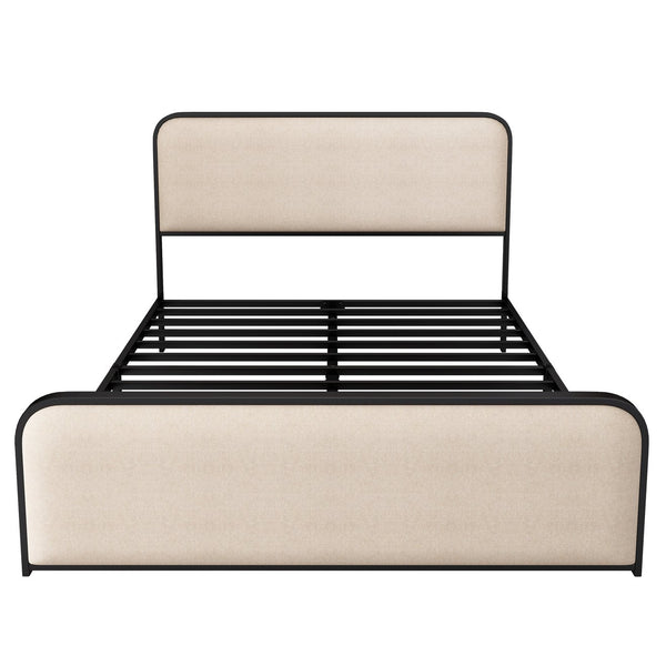 English Elm Modern Metal Bed Frame with Upholstered Curved Headboard, Underbed Storage, Heavy-Duty Slats, Queen Beige 64 L x 21 W x 5.75 H N701P229014B