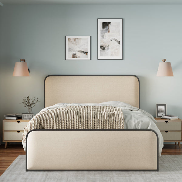 English Elm Modern Metal Bed Frame with Upholstered Curved Headboard, Underbed Storage, Heavy-Duty Slats, Queen Beige 64 L x 21 W x 5.75 H N701P229014B