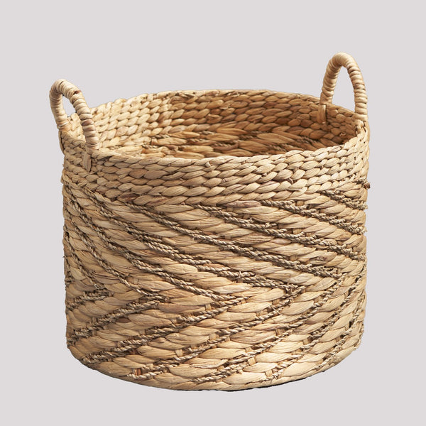 English Elm Round Water Hyacinth Seagrass Woven Basket with Handles — Stylish 15" Storage Bin for Towels, Toys, Magazines and Home Decor Natural & Light Brown B093P169706