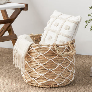 English Elm Round Water Hyacinth Seagrass Woven Basket with Handles — Stylish 15" Storage Bin for Towels, Toys, Magazines and Home Decor Brown+White B093P169708