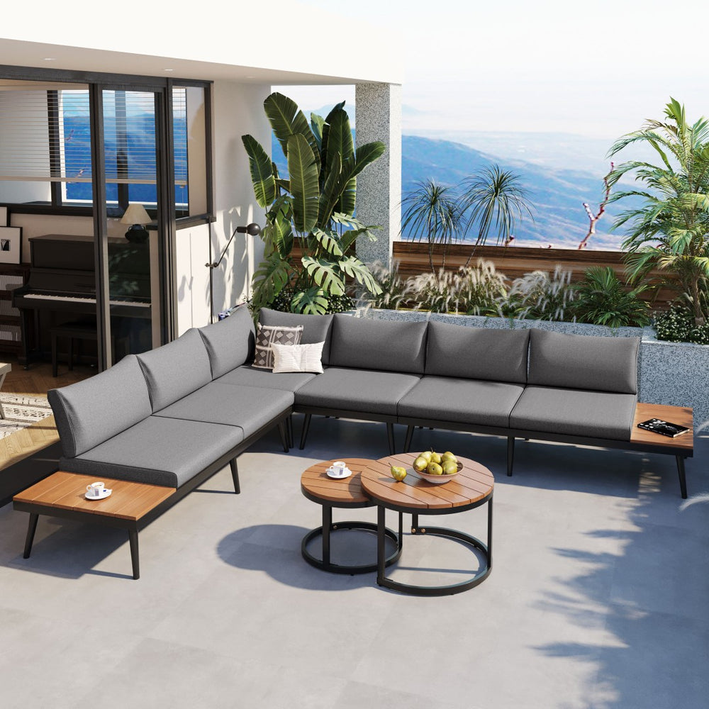 English Elm Trexm Modular Outdoor Sectional with Acacia Wood Nesting Tables and Washable Cushions TM000001AAE