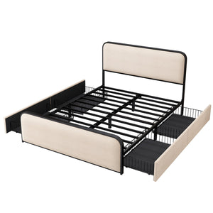 English Elm Modern Metal Bed Frame with Upholstered Curved Headboard, Underbed Storage, Heavy-Duty Slats, Queen Beige 63.75 L x 21.75 W x 8 H N701P229016B