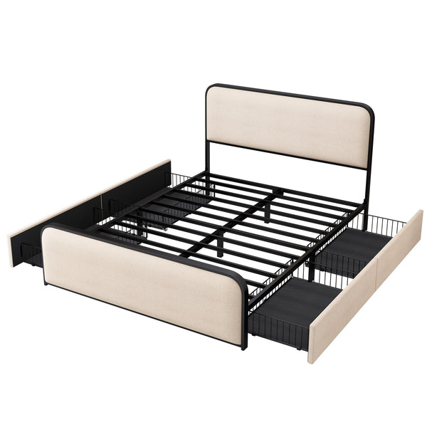 English Elm Modern Metal Bed Frame with Upholstered Curved Headboard, Underbed Storage, Heavy-Duty Slats, Queen Beige 63.75 L x 21.75 W x 8 H N701P229016B