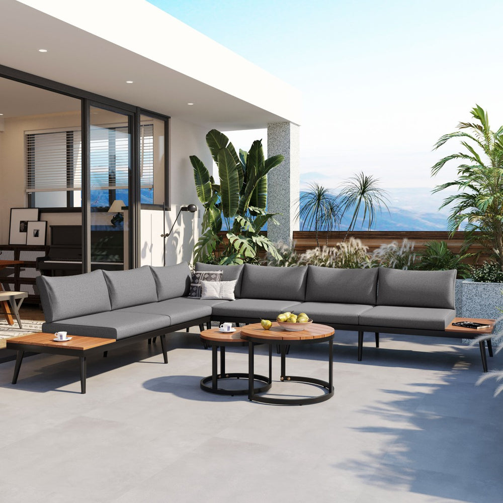 English Elm Trexm Modular Outdoor Sectional with Acacia Wood Nesting Tables and Washable Cushions TM000001AAE