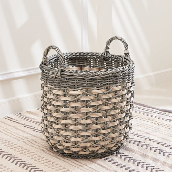 English Elm Zita Round Resin Wicker Storage Basket with Handles, 18" x 18" x 15.7", Cream-Gray Home Organizer B093P169698