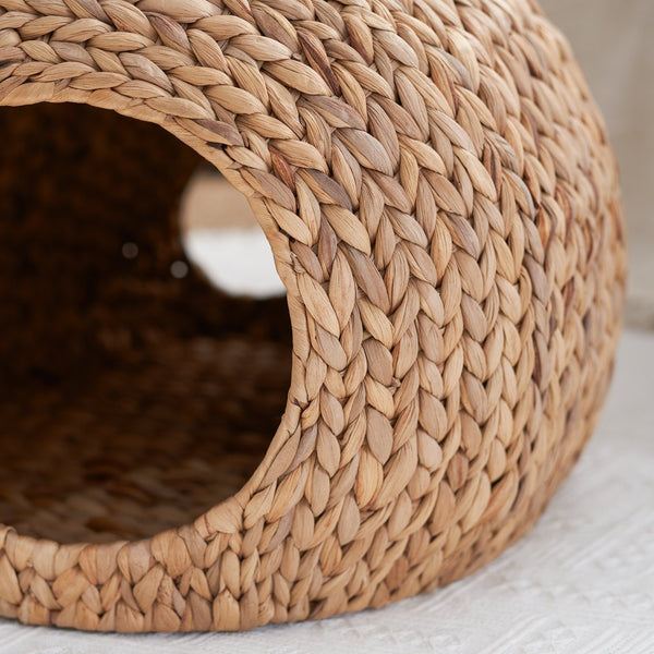 English Elm Gertrude Water Hyacinth Woven Wicker Cat Bed Cave with Handles, Sustainable Cozy Round Nest 18" B093P169697