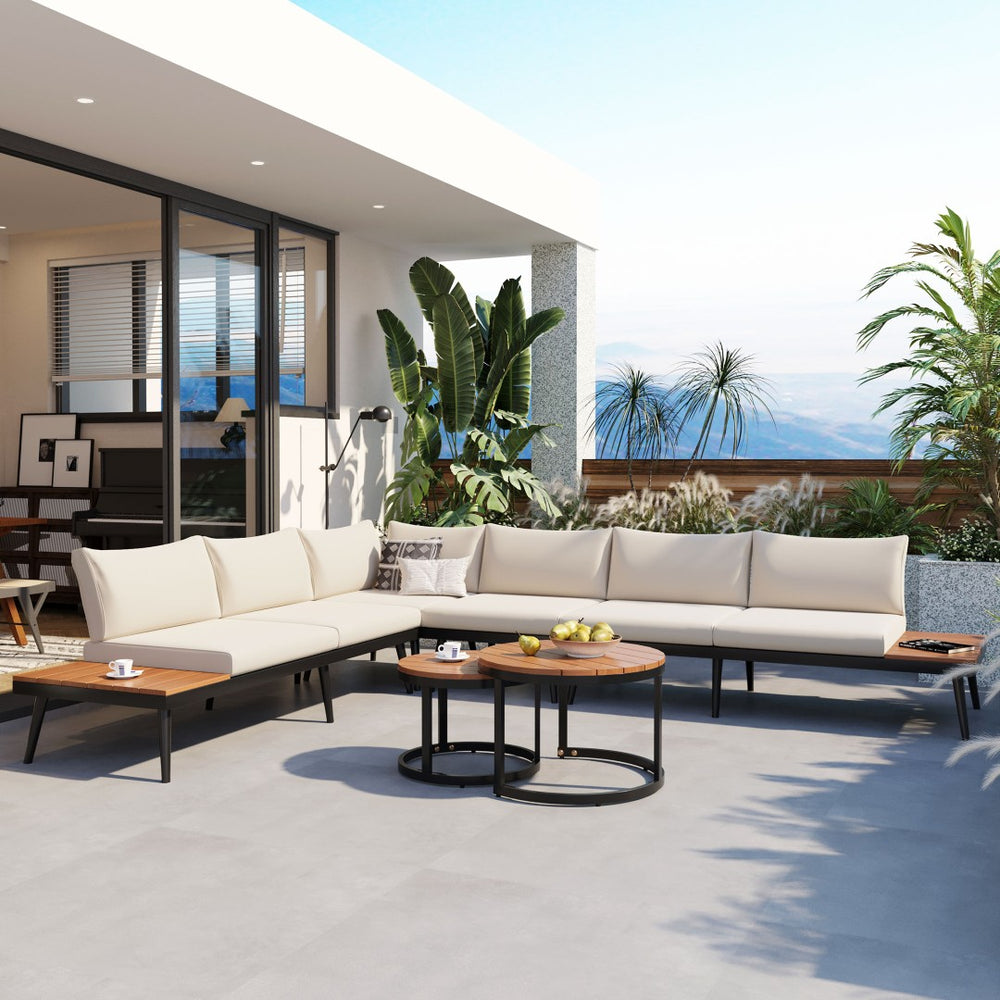 English Elm Trexm Modular Patio Sectional with Acacia Nesting Tables and Washable Cushions TM000001AAA