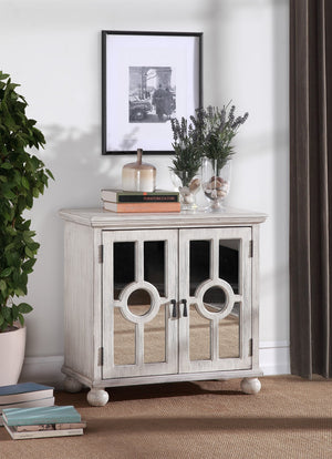 English Elm Classic Storage Cabinet Charming Modern-Traditional Accent Chest with Mirrored Circular Glass Doors, Turned Feet, Antiqued Brass Hardware and Spacious Shelving Antique White 30.75 L x 15.75 W x 28 H B011P169760