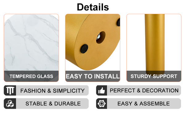 English Elm Round white dining table with faux marble top, gold MDF legs, seats 4, easy-clean, quick assembly W1151S00812