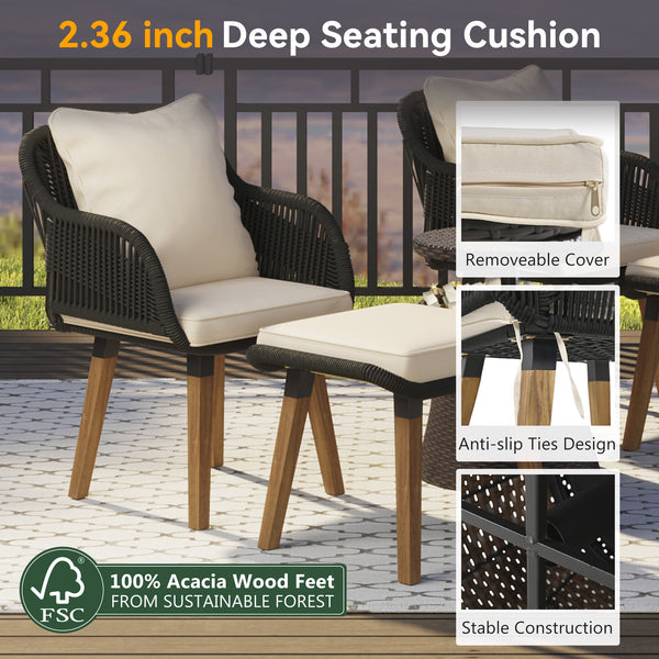 English Elm K&K 5-Piece Outdoor Rope Weave Patio Set with Pop-Up Cool Bar Table, Loveseat, Chairs & Ottomans Beige+Black WF324995AAW