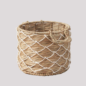 English Elm Round Water Hyacinth Seagrass Woven Basket with Handles — Stylish 15" Storage Bin for Towels, Toys, Magazines and Home Decor Brown+White B093P169708