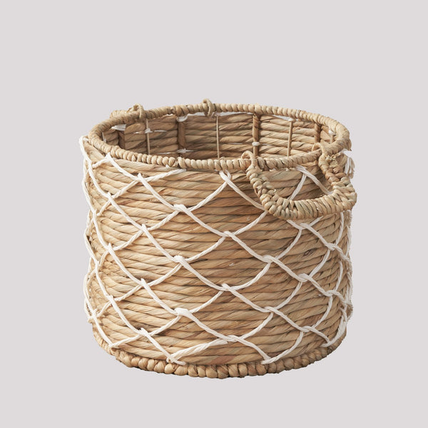 English Elm Round Water Hyacinth Seagrass Woven Basket with Handles — Stylish 15" Storage Bin for Towels, Toys, Magazines and Home Decor Brown+White B093P169708