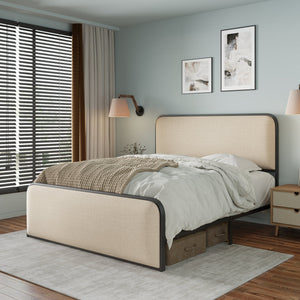 English Elm Modern Metal Bed Frame with Upholstered Curved Headboard, Underbed Storage, Heavy-Duty Slats, Queen Beige 64 L x 21 W x 5.75 H N701P229014B