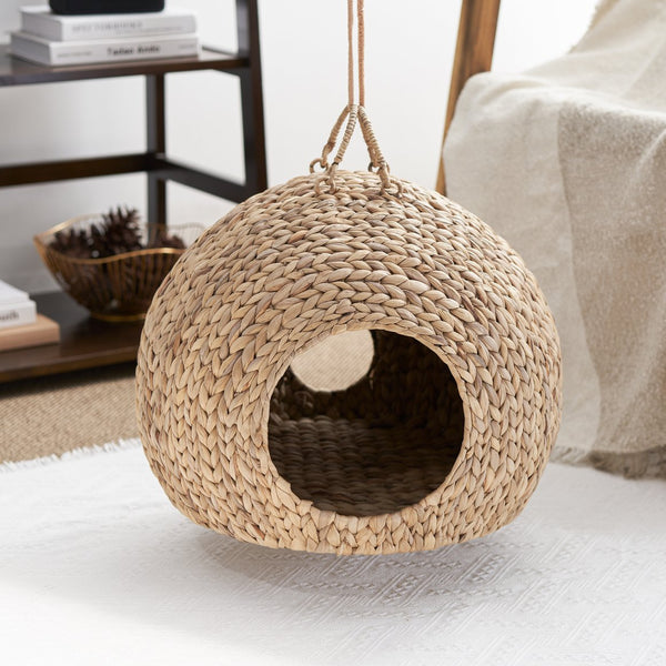 English Elm Gertrude Water Hyacinth Woven Wicker Cat Bed Cave with Handles, Sustainable Cozy Round Nest 18" B093P169697