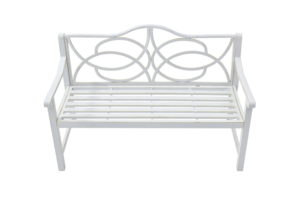 English Elm Outdoor Garden Patio Bench Cast Iron Alloy Steel Frame 3-Seat Floral Backrest Armrests White, Weather-Resistant Finish, Easy-Clean Durable Design for Yard Porch Balcony (Assembles Fast) W1117P155244