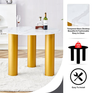 English Elm Round white dining table with faux marble top, gold MDF legs, seats 4, easy-clean, quick assembly W1151S00812