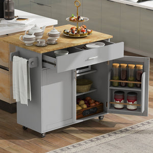 English Elm K&K Rolling Kitchen Island With Storage, Kitchen Cart With Rubber Wood Top, Spacious Drawer With Divider and Internal Storage Rack, Kitchen Island On Wheels With Adjustable Shelf Tower Rack, Grey