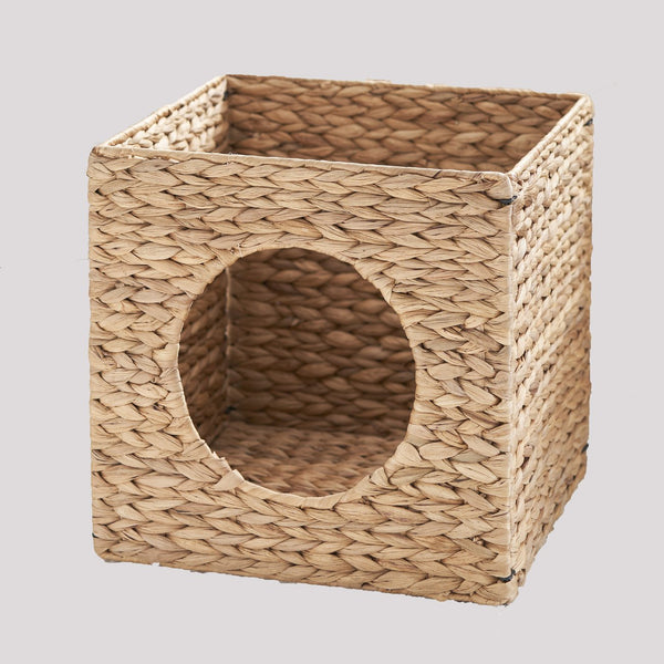 English Elm Water Hyacinth Woven Wicker Square Cat Bed Cave 13" Cozy Hideaway for Small & Medium Cats, Chic Decor Boost B093P169710