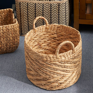 English Elm Round Water Hyacinth Seagrass Woven Basket with Handles — Stylish 15" Storage Bin for Towels, Toys, Magazines and Home Decor Natural & Light Brown B093P169706