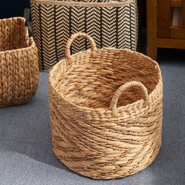 English Elm Round Water Hyacinth Seagrass Woven Basket with Handles — Stylish 15" Storage Bin for Towels, Toys, Magazines and Home Decor Natural & Light Brown B093P169706