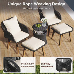 English Elm K&K 5-Piece Outdoor Rope Weave Patio Set with Pop-Up Cool Bar Table, Loveseat, Chairs & Ottomans Beige+Black WF324995AAW