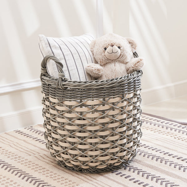English Elm Zita Round Resin Wicker Storage Basket with Handles, 18" x 18" x 15.7", Cream-Gray Home Organizer B093P169698