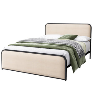 English Elm Modern Metal Bed Frame with Upholstered Curved Headboard, Underbed Storage, Heavy-Duty Slats, Queen Beige 64 L x 21 W x 5.75 H N701P229014B