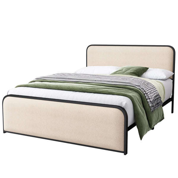 English Elm Modern Metal Bed Frame with Upholstered Curved Headboard, Underbed Storage, Heavy-Duty Slats, Queen Beige 64 L x 21 W x 5.75 H N701P229014B