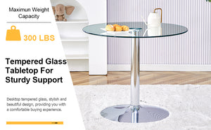 English Elm A Modern 35-Inch Tempered Glass Round Dining Table with Sleek Metal Legs, Minimalist Style for 4-6 }{@ Silver,Transparent W1151P263756