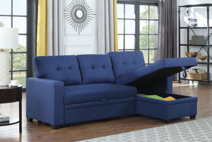 English Elm Upholstered Convertible Pull-Out Sectional Sofa with Chaise and Removable Cushions for Guests Blue B102S00005