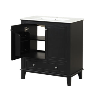 English Elm 30" Solid Wood Bathroom Vanity with Ceramic Sink, Modern Black Freestanding Cabinet, 2 Doors 1 Drawer WF322498AAB