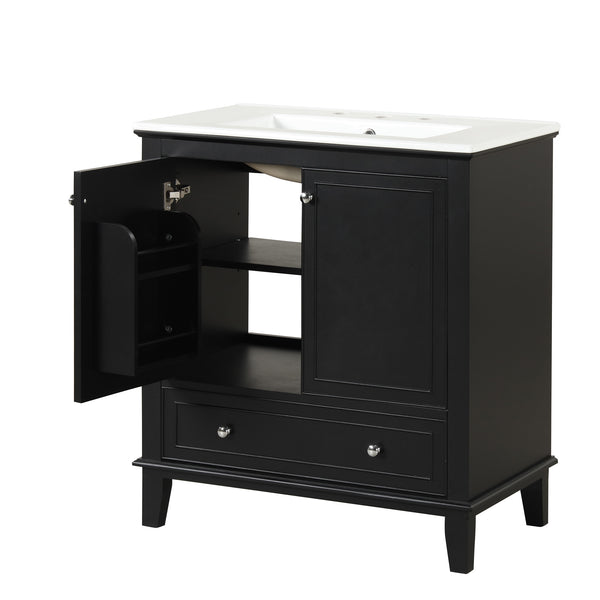 English Elm 30" Solid Wood Bathroom Vanity with Ceramic Sink, Modern Black Freestanding Cabinet, 2 Doors 1 Drawer WF322498AAB