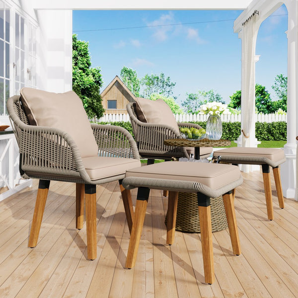 English Elm K&K 5-Piece Outdoor Rope Weave Patio Set with Pop-Up Cool Bar Table, Loveseat, Chairs & Ottomans Brown WF324995AAZ